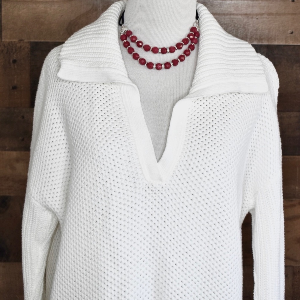 Ralph Lauren White Cotton Acrylic Long Sleeve Collared Sweater